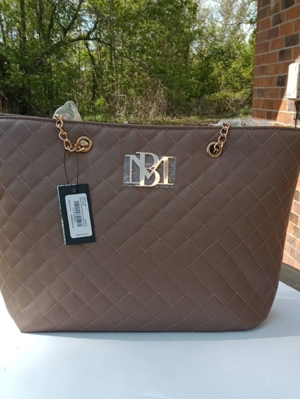 Quilted Taupe Tote Bag with Gold Chain Handles